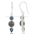 Genuine Kyanite Labradorite And Swiss Blue Topaz Gemstone 925 Streling Sliver Earring